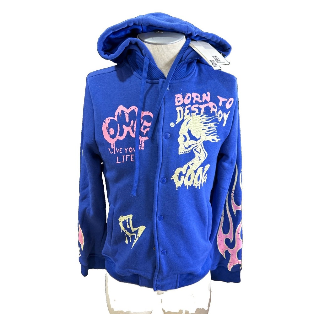 Rebel Minds Hoodie Mens Small Born To Destroy Blue Street Wear Button Punk